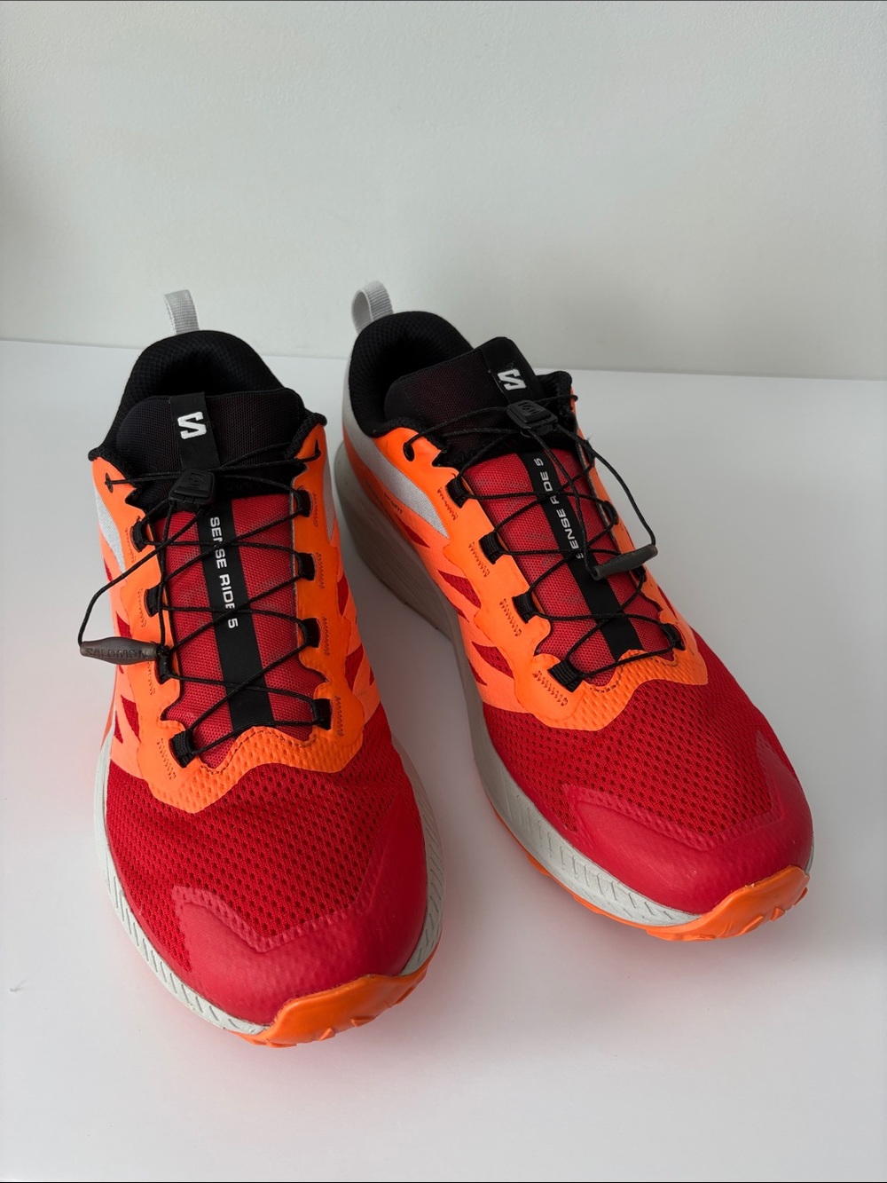 Salomon Sense Ride 5 Trail Running Shoes Lunar Rock Shock Orng Fiery Red size 14